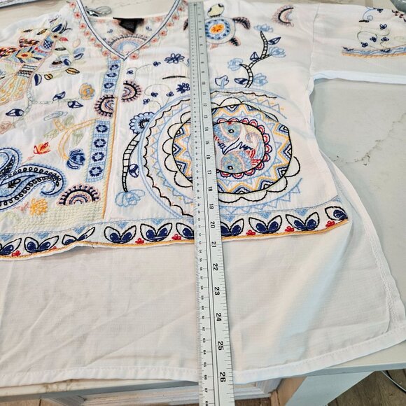Liv Los Angeles Top Large White Embroidered Boho Floral Turtles Birds - Picture 9 of 12